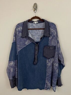 Oli & Hali Blue Paisley Patchwork Polo Neck Slouchy Top Size Large